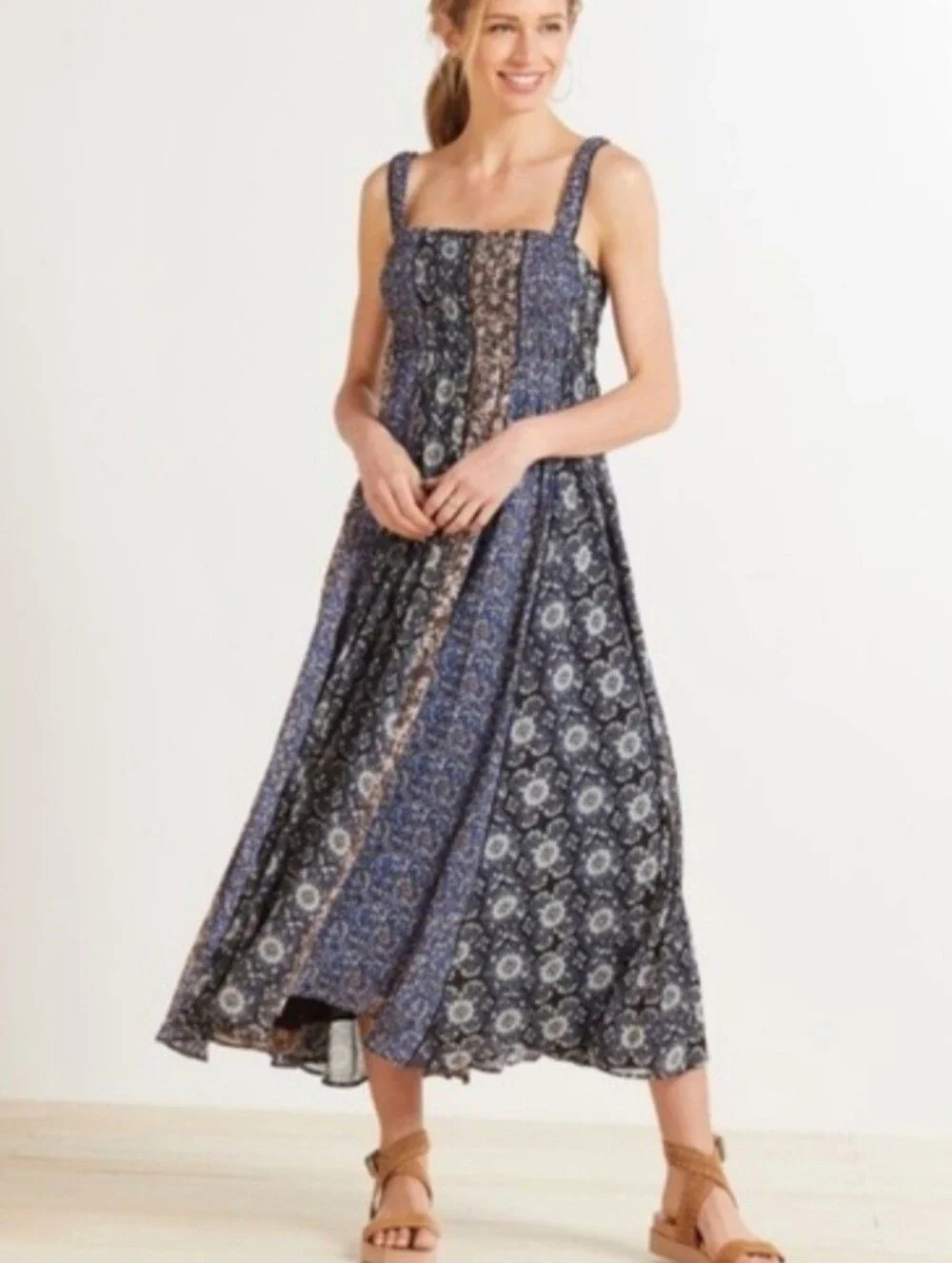 Free People Boho Floral Patchwork Maxi Dress in Blue and Black